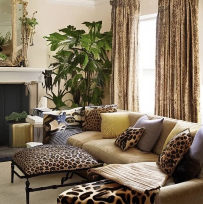 Long, patterned velvet curtains and custom upholstered pillows bring the jungle theme to life.