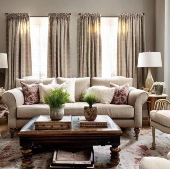 Long curtains cover big living room windows bringing the room together. Soft, neutral colors on the sofa and custom designed pillows make this the perfect blend of country and contemporary.